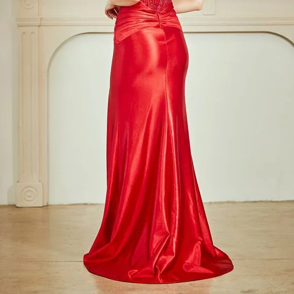 New Red Evening Gown w/ Sheer Corset Bodice & Draped Sweetheart Neck AC 9082